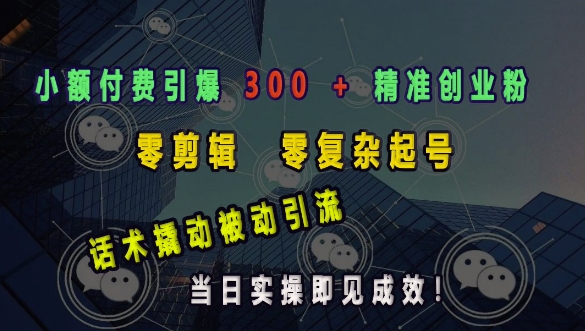 小额付费引爆 300 + 精准创业粉，零剪辑、零复杂起号，话术撬动被动引流，当日实操即见成效-试验田