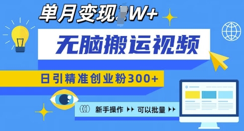 无脑搬运视频号可批量复制，新手即可操作，日引精准创业粉300+，月变现过W 【揭秘】-试验田